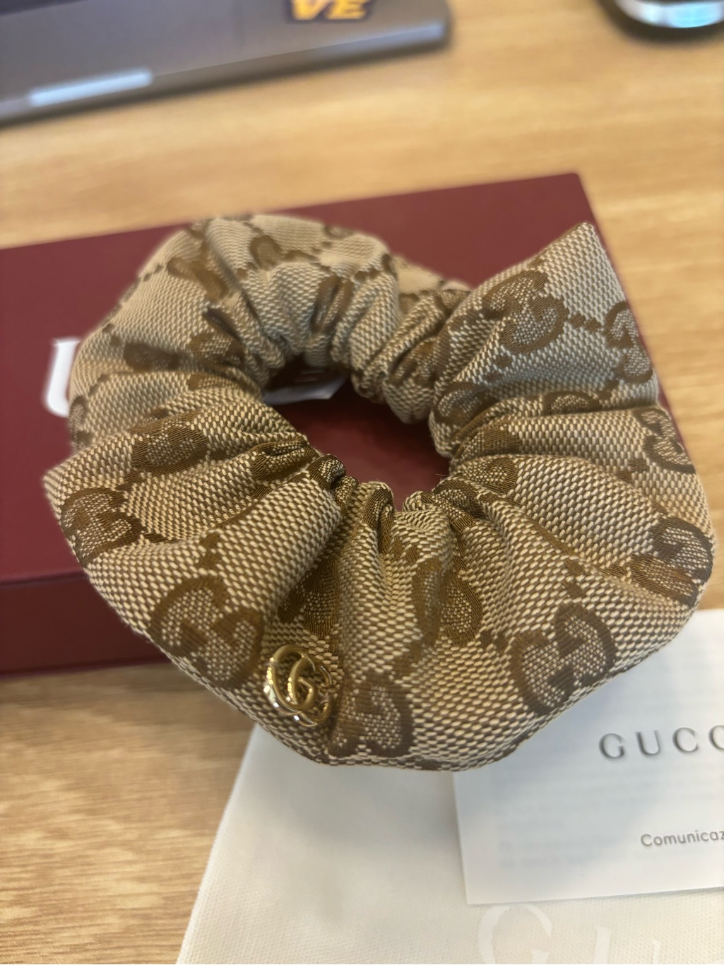 Gucci Beige And Brown Monogram Scrunchie With Gold Gg Accent